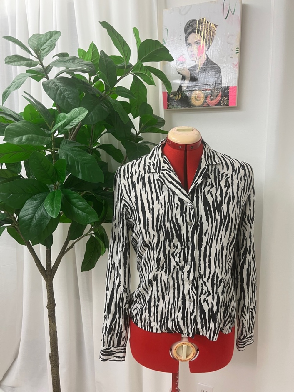 Vintage Silk Black & White Zebra Print Button-Up Blouse